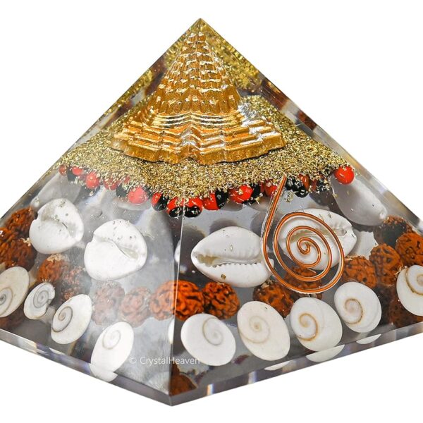 Laxmi Pyramid Gomati Chakra, Rudraksha, Cowrie Kodi Maha Laxmi Pyramid Large Orgonite Pyramid with Shree Yantra - Pooja Vastu Items for Home for Good Luck, Money & Wealth
